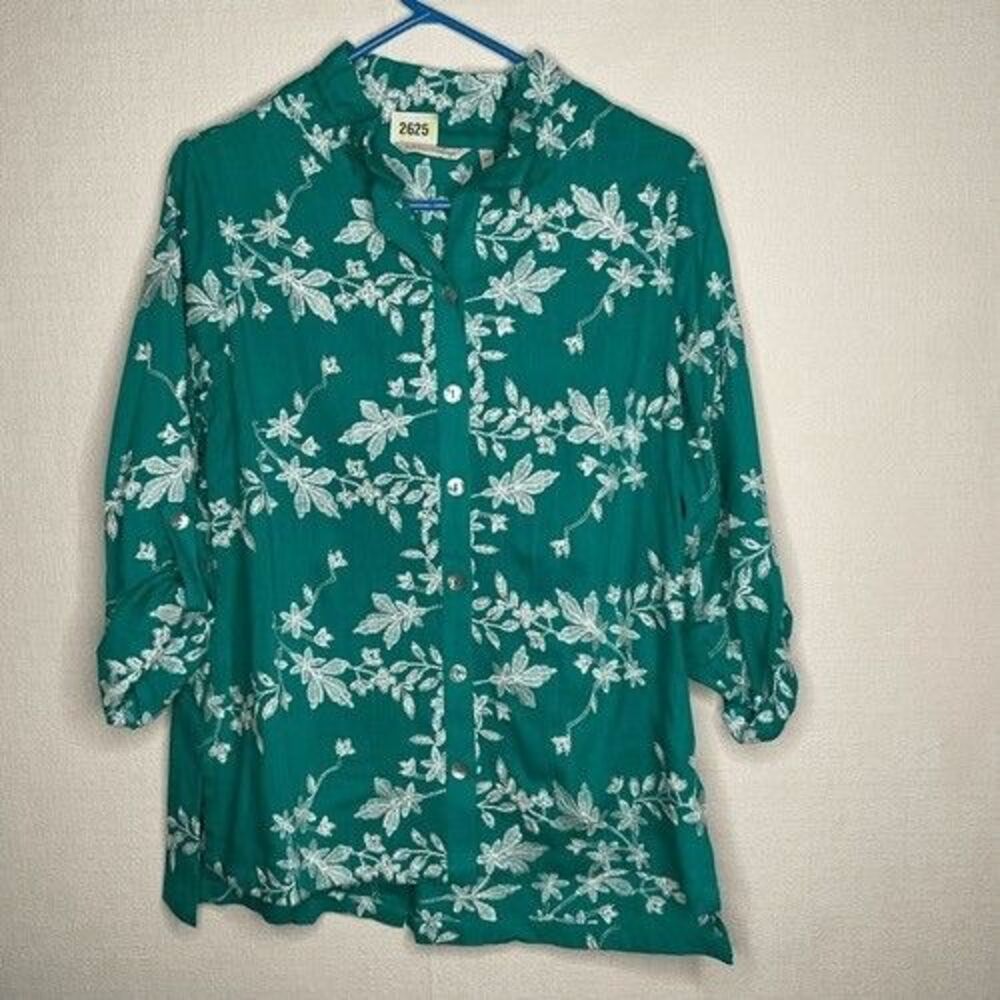 Soft Surroundings Green Linen Long Roll Tab Sleeve Blouse Tunic Women Size PS